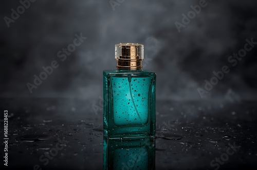 Elegant teal glass perfume bottle with gold cap reflecting on wet surface against dark moody background with subtle mist