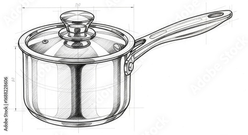 Detailed hand-drawn industrial design sketch of a stainless steel saucepan with a glass lid and handle, featuring technical dimensions and grid lines in monochrome.