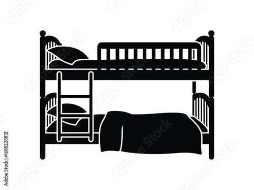 Simple silhouette of a two-tiered bunk bed with pillows and blanket