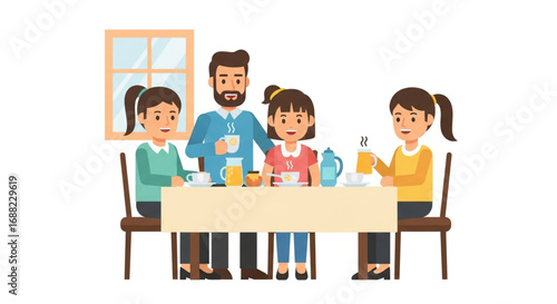 Cartoon family enjoying a meal together at a table in a cozy home.