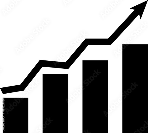 Black bar graph with an arrow trending upwards showing positive growth and increasing values shown here
