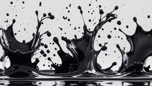 Dynamic Black Liquid Splashes and Droplets Against White Background splatter paint