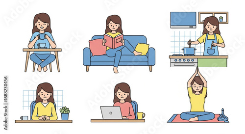 A cartoon woman engaged in various activities at home, including reading, cooking, and yoga.