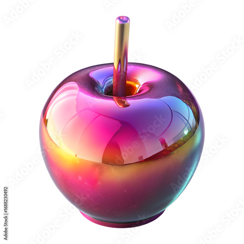 Abstract iridescent apple with golden stem on a dark backdrop vibrant colors modern art studio shot