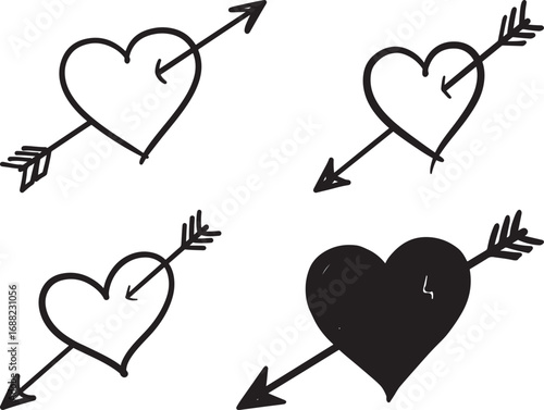 Four hearts pierced by arrows silhouette