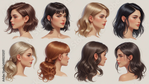 Eight Diverse Female Hairstyles and Profiles in Artistic Renderings women
