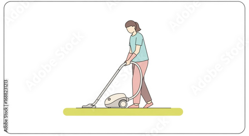 A woman vacuums the floor, engaged in domestic cleaning tasks.