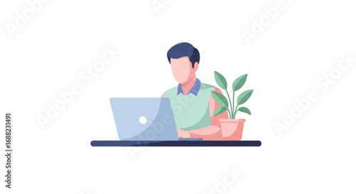 Illustration of a man working on a laptop computer at a desk with a potted plant.