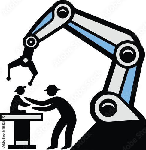 Industrial robot arm assisting human workers in assembly line production automation concept