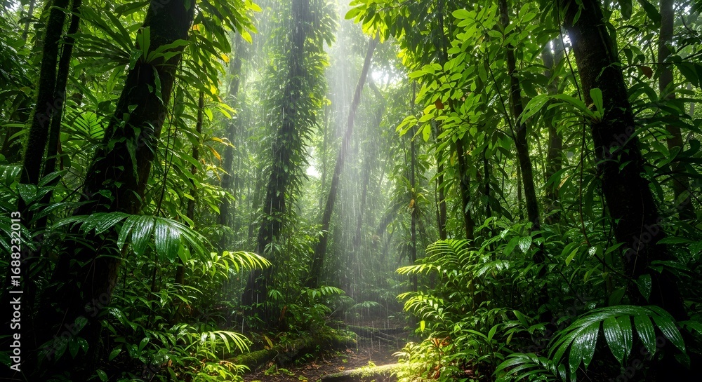 Fototapeta premium Lush Green Rainforest with Sunlight Streaming Through the Canopy.