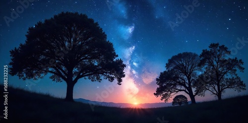 Silhouetted trees against a star-filled night sky, ethereal glow emanating from below Perfect for meditation, spirituality, peace, and nature themes , faith, ethereal, meditation