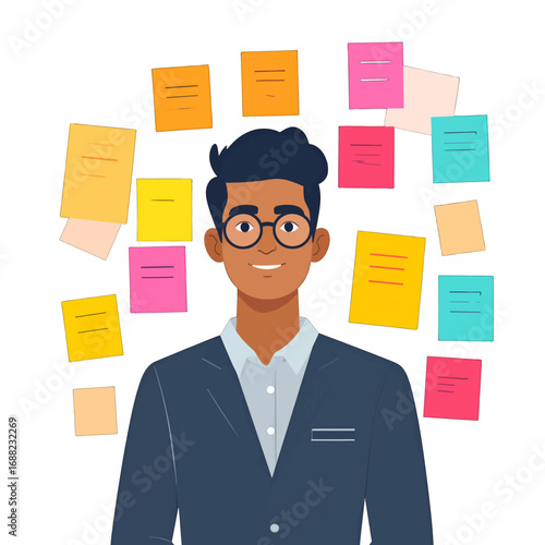 Smiling Man in Blue Blazer with Sticky Notes Surrounding Him on White Background