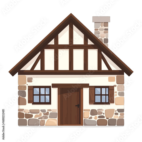 Charming Stone Cottage with Brown Timber Frame White Walls and Gray Chimney Against White Background