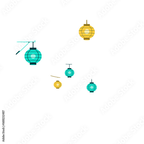 Minimalist Teal and Yellow Lanterns Floating on White Background Pixel Art Style