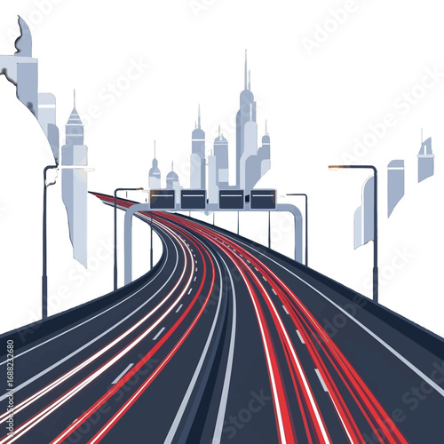 Urban Highway with Light Streaks and City Skyline Vector Illustration on White Background