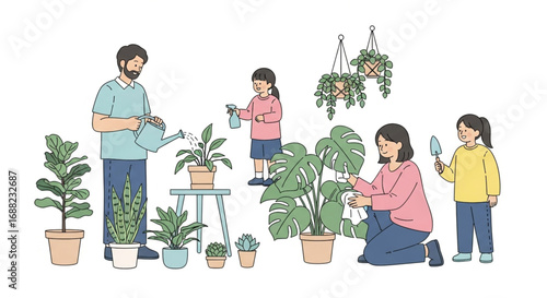 A family tending to their indoor plants, watering, spraying, and repotting in a bright, airy space.