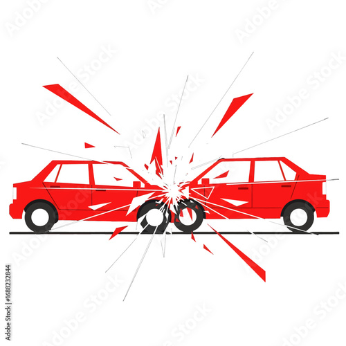 Red Cars Collide Front to Front with a White Background Splatter Effects and Broken Glass in a Car Crash Collision Illustration