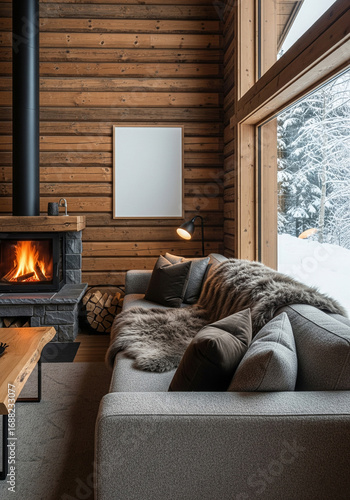 Vertical Poster Frame Mockup Beside Fireplace in Cozy Cabin Living Room with Daylight Window. 3D Render.