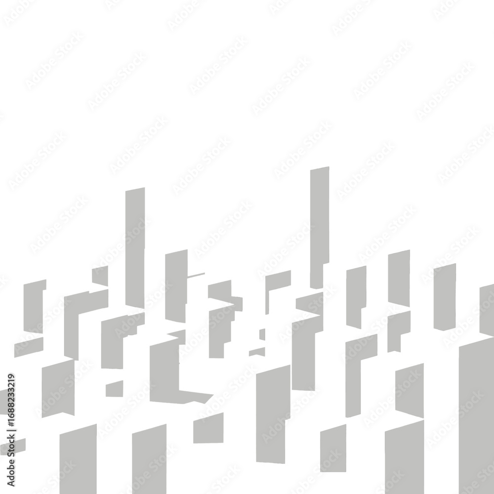 Monochromatic Gray Scale Cityscape Silhouette with Geometric Abstract Rectangular Pillars and Simple Shadows in Front of Plain White Background