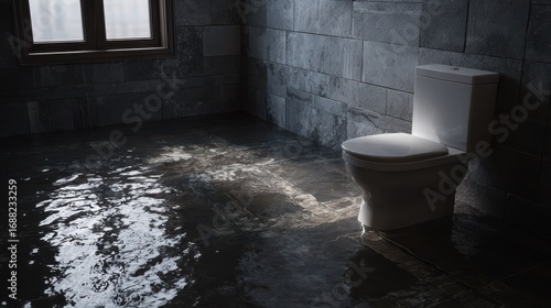 Beautiful photo of water overflowing toiliet down on to floor causing water damage , realistic style.