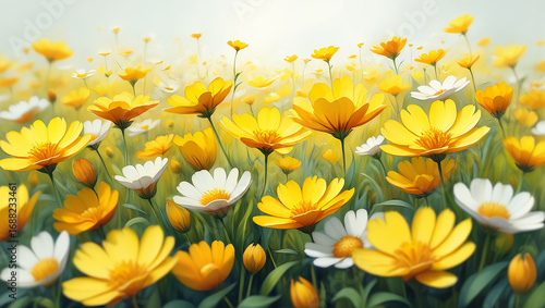 Field of Yellow and White Daisies in Soft Sunlight flowers nature