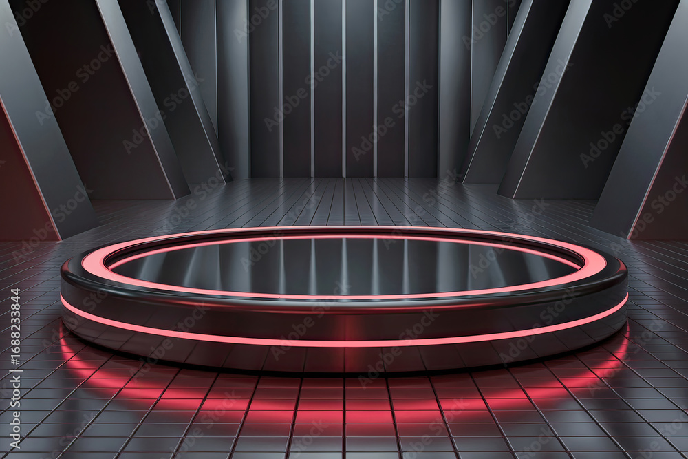 Obraz premium Futuristic stage design with illuminated red ring perfect for product presentation and display