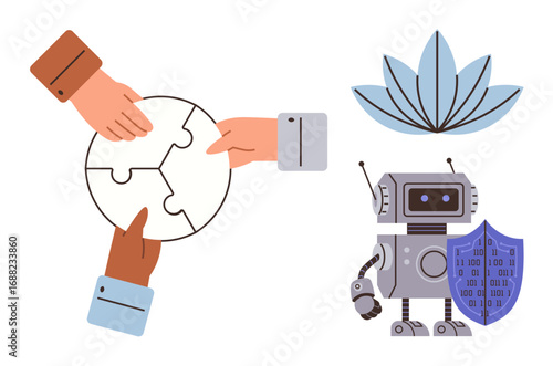 Hands completing a puzzle, a futuristic robot with binary code shield, and a blooming plant. Ideal for teamwork, problem solving, technology, innovation, protection digital security growth. Simple