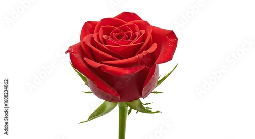 Vibrant Red Rose with Dew Drops Isolated on White Background, a Symbol of Love and Freshness