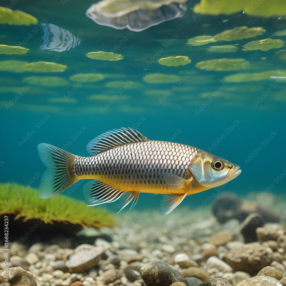 Naklejka premium Gudgeon fish in clear fresh water. Gobio in natural habitat