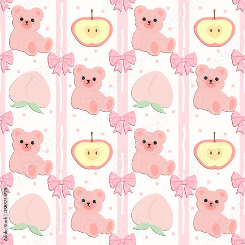 seamless pattern with pink bear bow apple peach, fabric pattern, gift wrapping paper , pillowcase , blanket  , phone case , notebook cover 