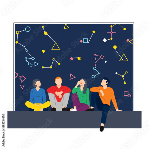 Group of Young Adults Admiring Constellations on Dark Blue Wall Illustration with Geometric Shapes Stars and Dim Lighting Sitting on Dark Platform Pixel Art