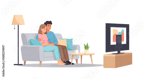 Couple relaxing on a couch, watching television in a living room.