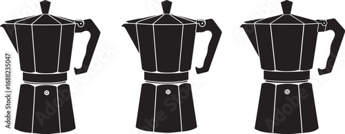 Three black moka pot silhouettes for coffee making