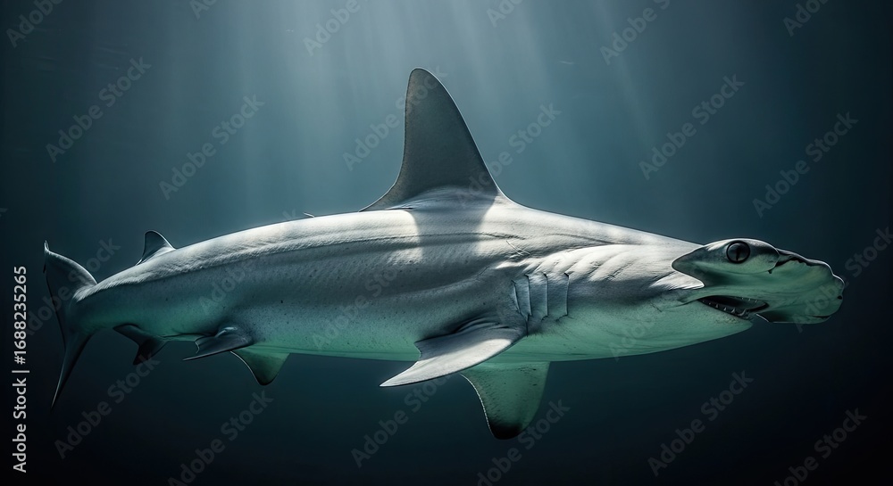 Obraz premium Majestic Hammerhead Gliding Through Sunlit Deep Blue Ocean Waters, Illuminated by Brilliant Sunbeams in its Natural Underwater Habitat.