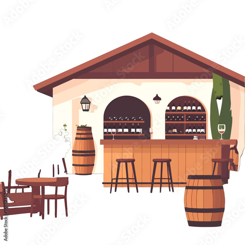Pixel Art Style Outdoor Wine Bar with Wooden Barrels and Stools Against White Wall Under Natural Light
