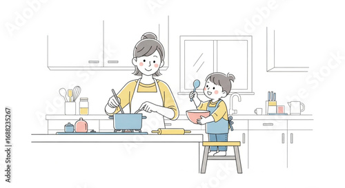 Mother and daughter joyfully cook together in a bright, minimalist kitchen.