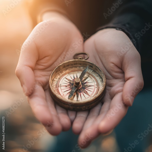 Hands holding compass metaphor, life direction seeking, personal navigation, decision making, self-guidance, perfect for self reflection concept.