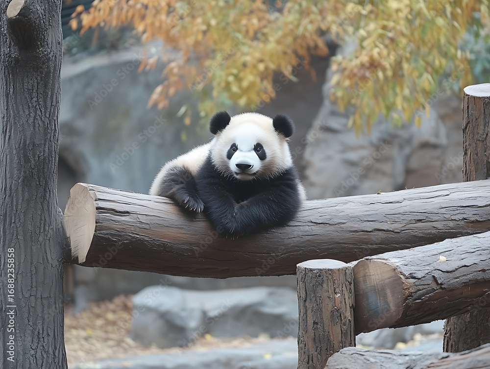 Obraz premium Cute Redpanda Comfortably Lying on Large Wooden Beam Looking Forward Autumn Yellow-Orange Leaves Calm Nature Scene