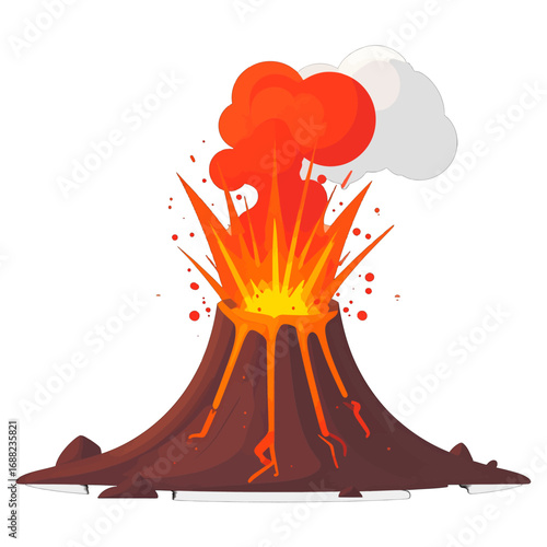 Volcano Eruption with Orange Lava and Gray Smoke Against a White Backdrop Pixelated Style