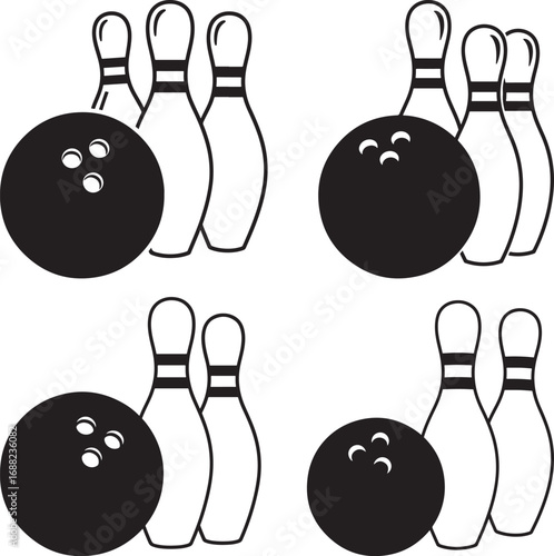 Four sets of bowling pins and balls silhouette