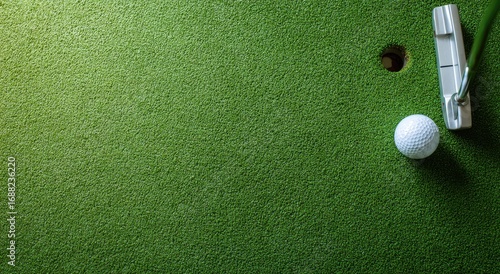 Golf putting green with ball and putter