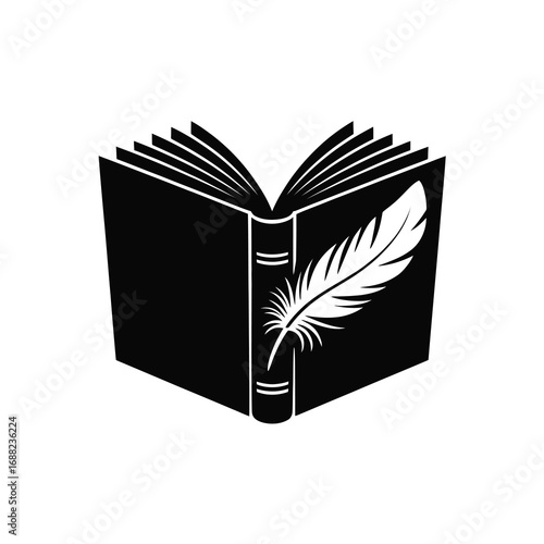Silhouette of an open book with a quill pen illustration on the cover