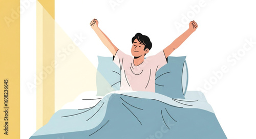 A cartoon man stretching in bed, enjoying a morning wake-up.