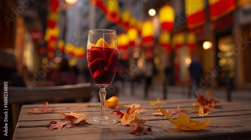 A festive outdoor scene with a wine glass of sangria on a wooden table adorned with autumn leaves, warm lighting,