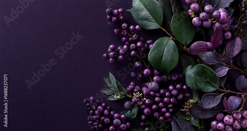 A dark purple background with Christmas decorations, such as holly leaves and berries