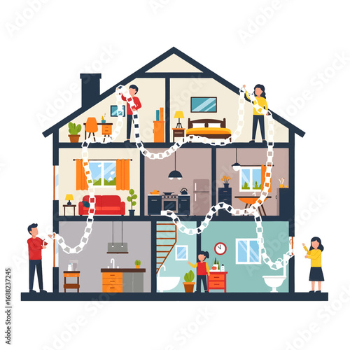 Cross Sectional Illustration of a Two Story House with People Decorating with White Streamers