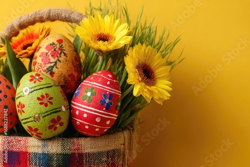Easter eggs and flowers in a basket against a yellow background