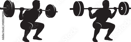Two men performing barbell squats silhouette
