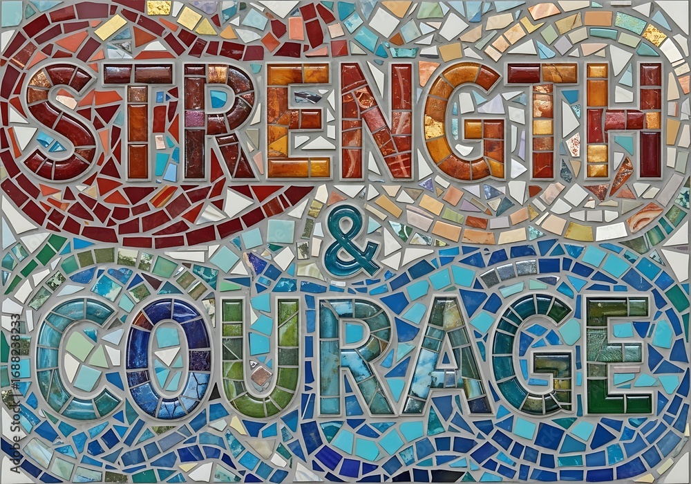Obraz premium Strength and courage text in colorful mosaic pattern