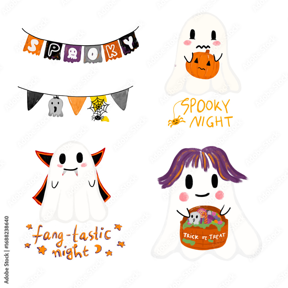 Fototapeta premium Set cute kawaii chibi halloween ghost devil evil bunting flag garland emoticon character png transparent sticker watercolour crayon kids illustration Element. Funny quotes wall art